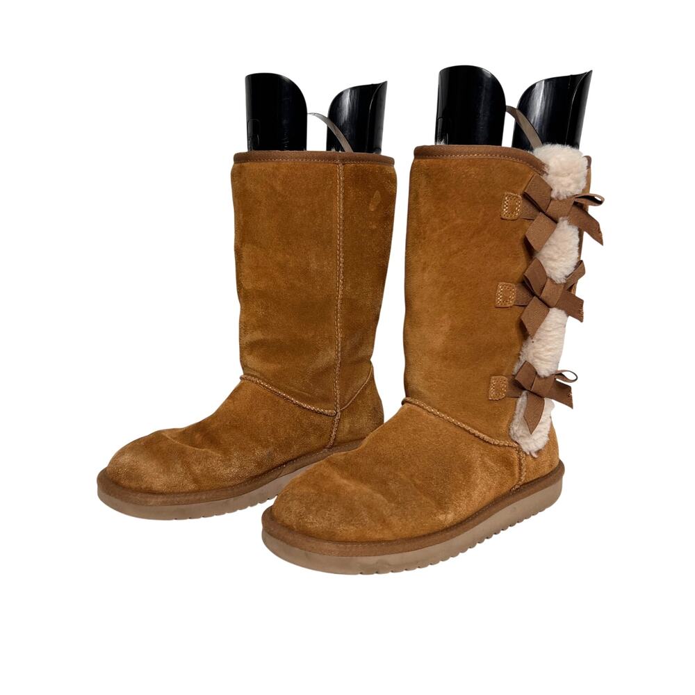 Koolaburra by UGG Suede Victoria Tall Boots Brown Bow Faux Fur Trim Size 8